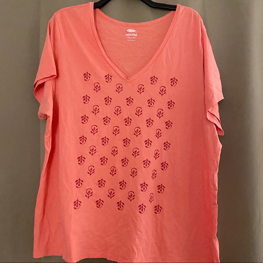 🟣 OLD NAVY Coral Printed Graphic V Neck T XXL EUC
